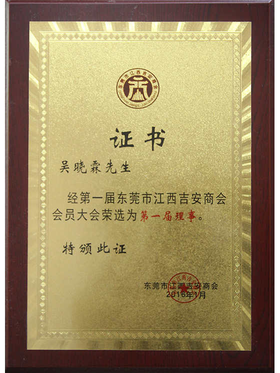 东莞市江西商会第一届理事证书